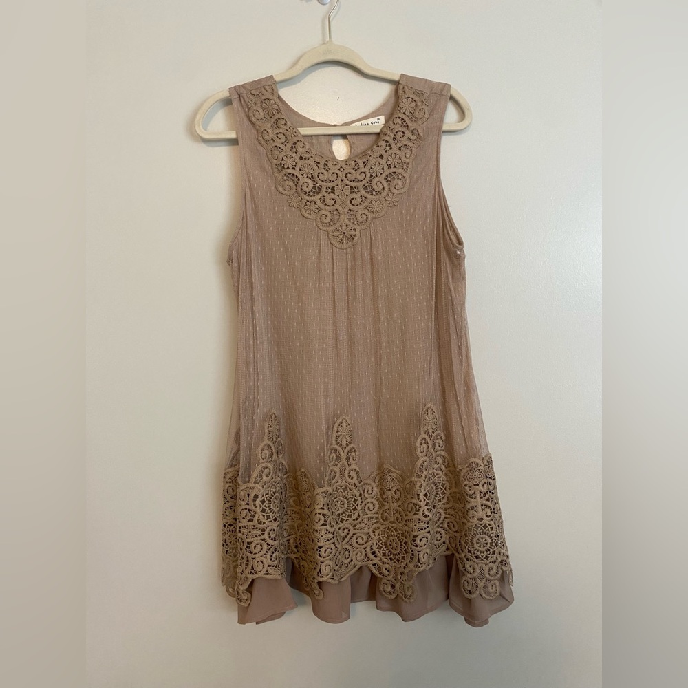 indigo soul Taupe Lace Trim Sleeveless Tunic